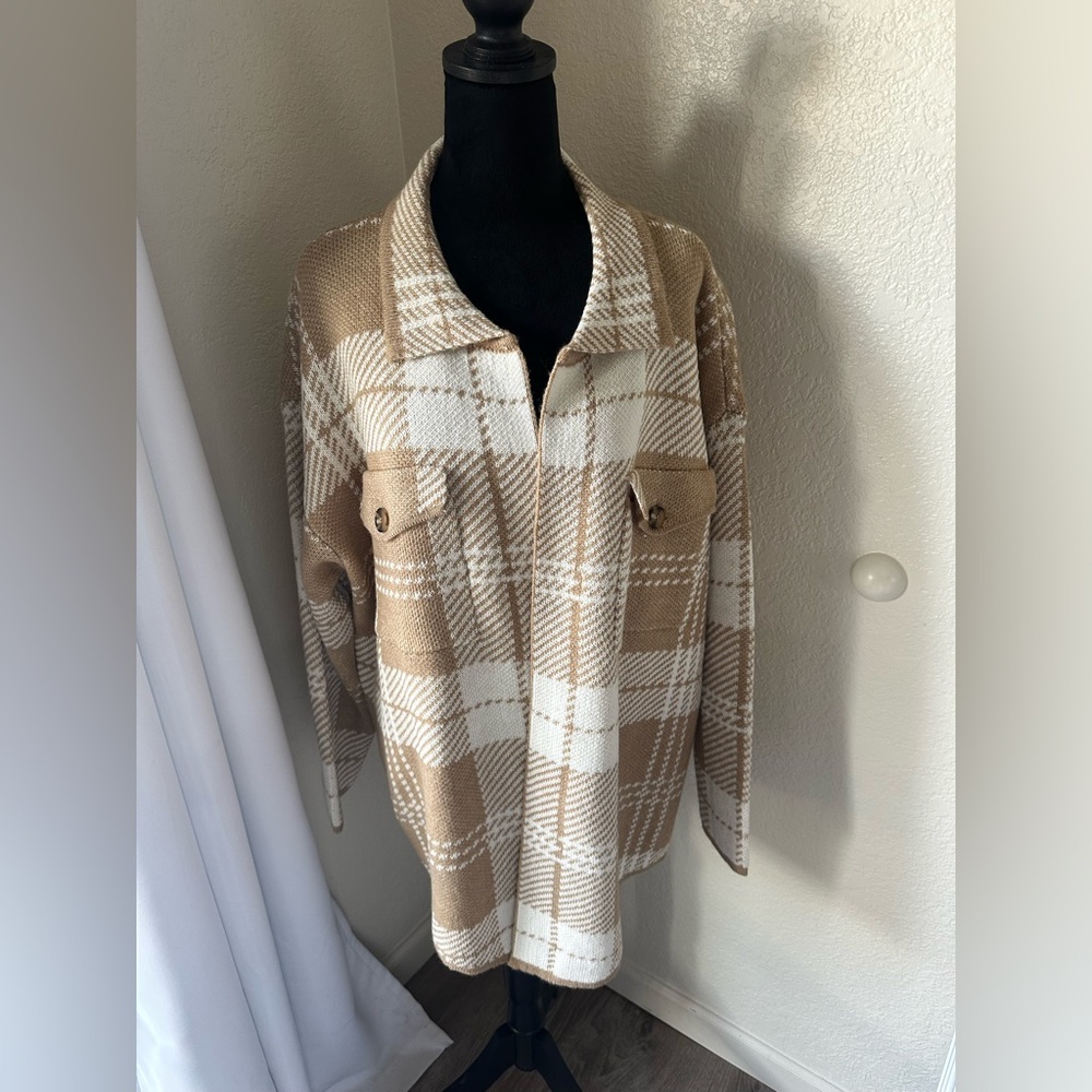 Kathy Ireland Tan and White Plaid Teddy Jacket